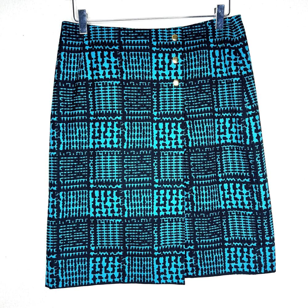 Carlisle Teal Black Plaid Printed Pencil Skirt Gold Button Crossover Flap Zip 8